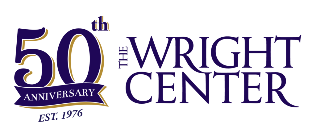 The Wright Center's 50th year anniversary logo with blue and gold