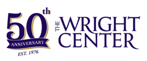 The Wright Center's 50th year anniversary logo with blue and gold