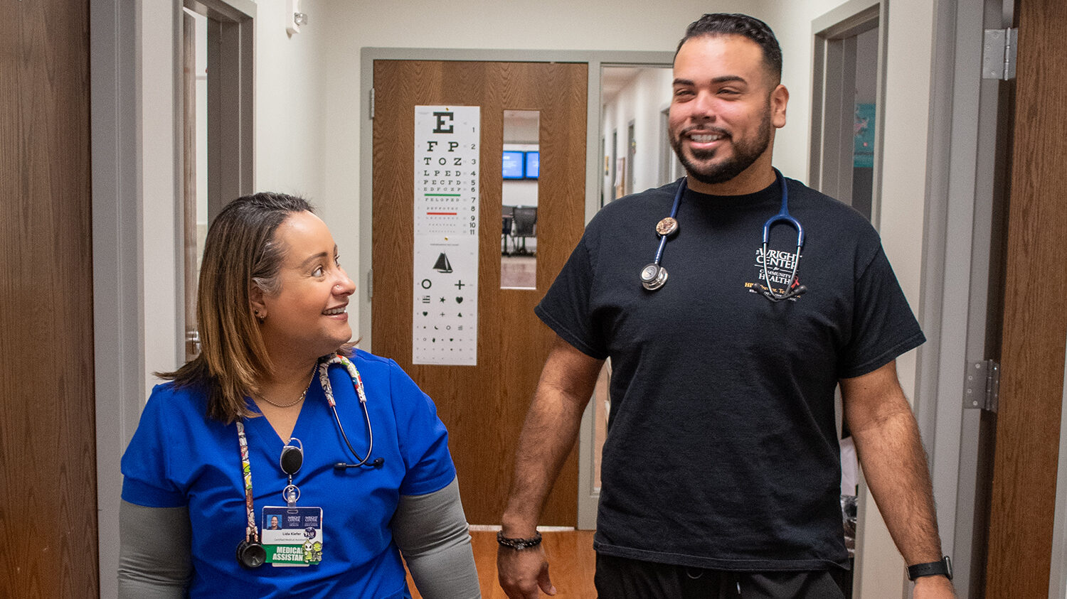 Lida Kiefer, left, and Anthony Beltran, who work at The Wright Center for Community Health,
recently completed a training program to serve as medical interpreters. Each assists Spanish-
speaking patients, helping to ensure they get the same access to primary and preventive care
services as English speakers.
