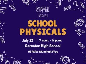 Blue Background with yellow letters that say school physicals with the time, date, and location information
