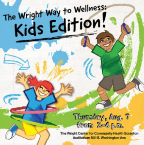 Kids Wellness Event with time, date, location with kids jump-roping and hula-hooping in bright colors