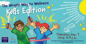 Kids Wellness with bright blue background with kids playing with date, time and location