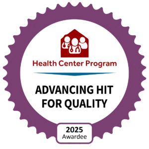 HRSA Advancing Hit for Quality badge with purple trim