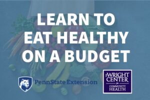 blue graphic with fruits and veggies in the background