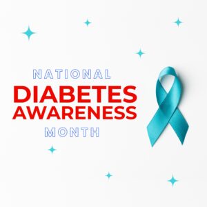 National Diabetes Awareness Month logo with blue ribbon and blue stars