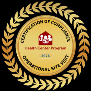 black and gold certification of compliance operational site visit badge with red image in center
