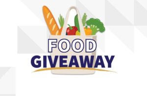 Food Giveaway graphic of a tote bag with fruits, veggies and a baguette sticking out