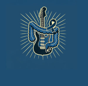 colon cancer screening graphic with blue background and and guitar with a colon wrapped around it
