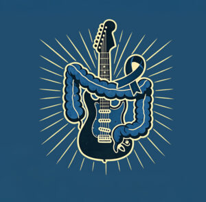colon cancer screening graphic with blue background and and guitar with a colon wrapped around it