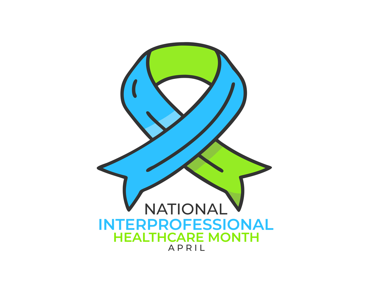 National Interprofessional Healthcare Month blue and green ribbon illustration