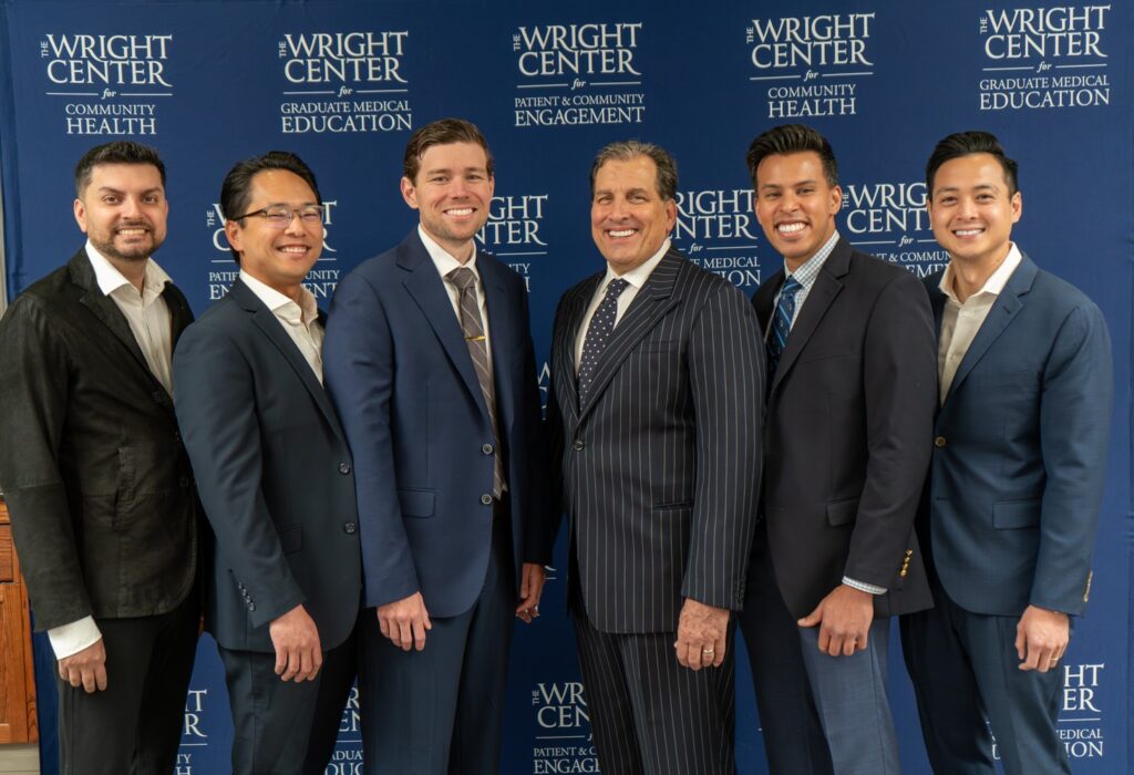 Graduates of our Physical Medicine & Rehabilitation Residency Program pose for a photo together with Program Director, Dr. Ken Gentilezza at The Wright Center for Graduate Medical Education's graduation. Left to right: Drs. Aliy Mirza Ahmed, Kevin Nguyen, Bradley Bierman, Kenneth Gentilezza, program director, Abhinav Arora, and Alan Trung Lam.