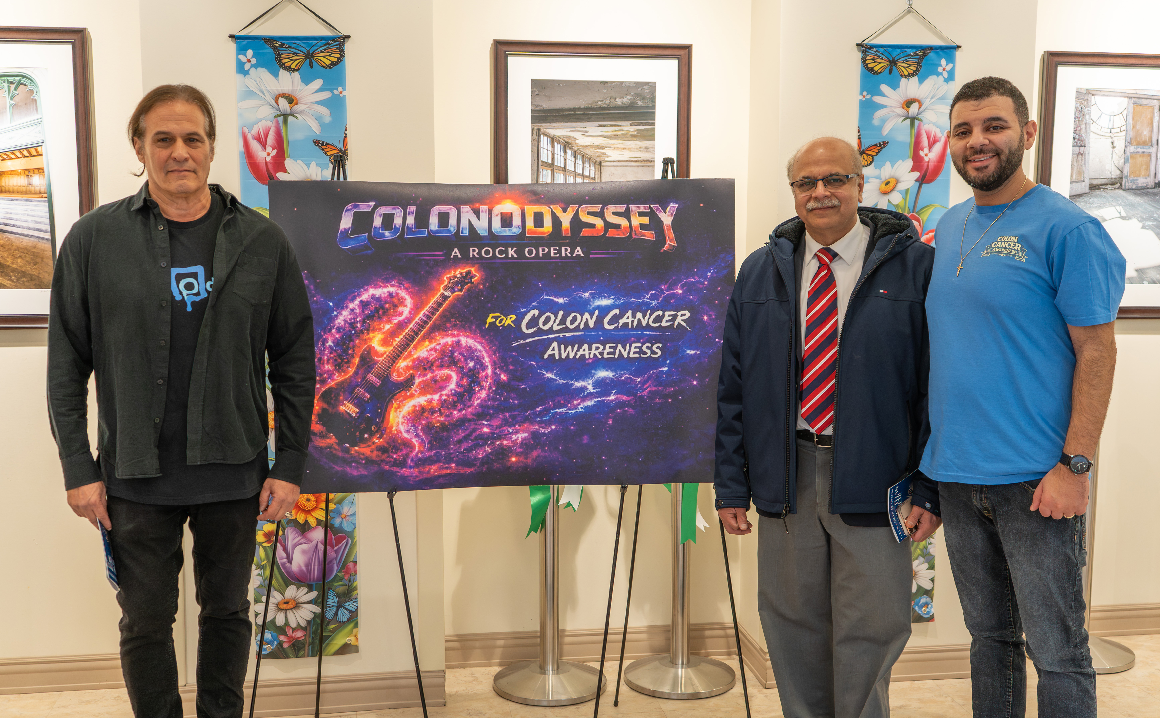 Dr. Stephen Eskin, far left, gastroenterologist and band leader for Rocdoc and the Healers; Dr. Vikas Khurana, center, program director of The Wright Center for Graduate Medical Education’s Gastroenterology Fellowship Program; and Gastroenterology fellow Dr. Peter Iskander pose together at the ‘Louder than Cancer!’ concert in Scranton