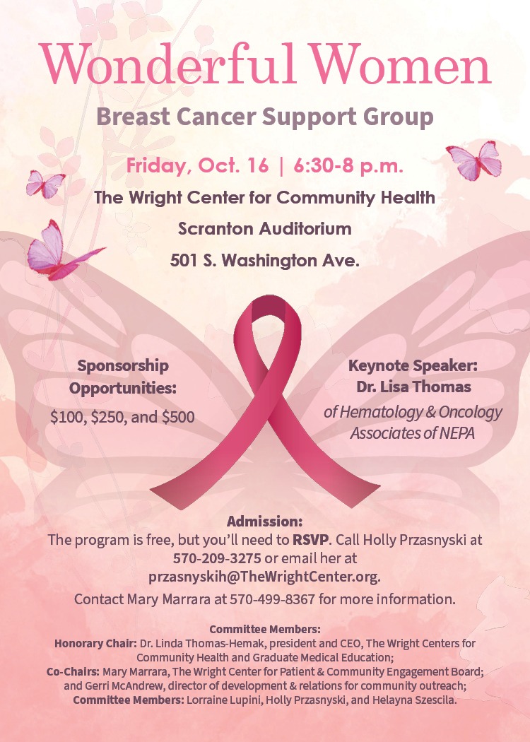 Wonderful women breast cancer support group flyer with information about the event: October 16, 6:30-8 p.m. 501 S. Washington Avenue Scranton, PA 18505